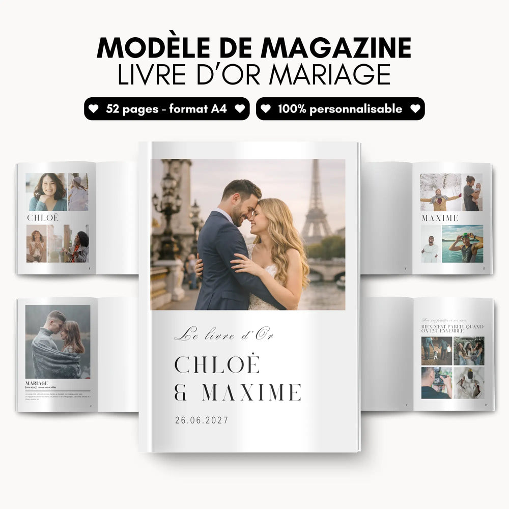 Mockup d'un magazine livre d'or mariage personnalisé avec la couverture et des pages intérieures ouvertes.