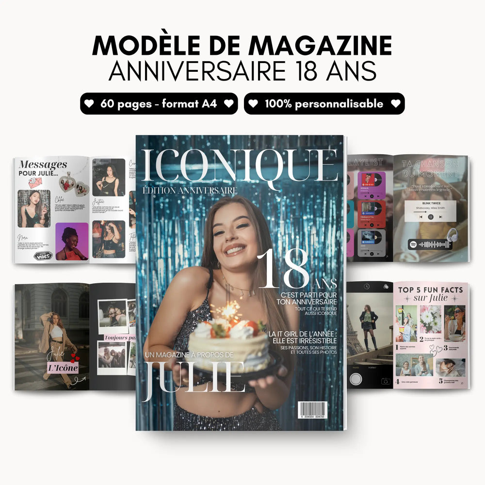 Présentation du cadeau personnalisé 18 ans unique à garder à vie au format magazine.