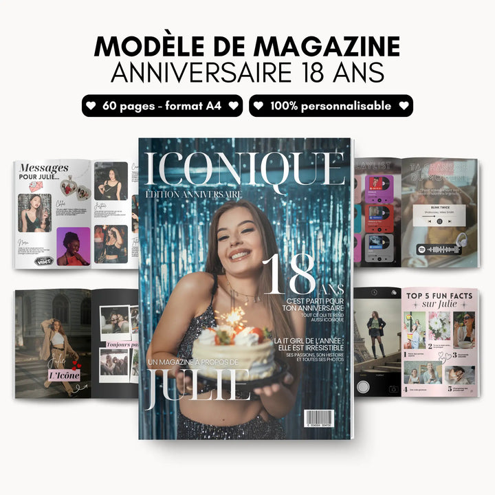 Présentation du cadeau personnalisé 18 ans unique à garder à vie au format magazine.
