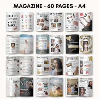 Pages du magazine anniversaire 50 ans personnalisable : portrait, style et messages pour Céline