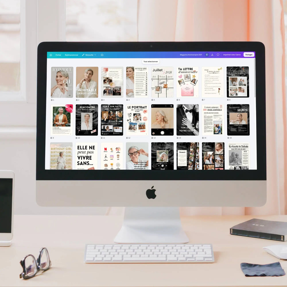 Magazine anniversaire 60 ans personnalisable ouvert dans Canva sur un ordinateur