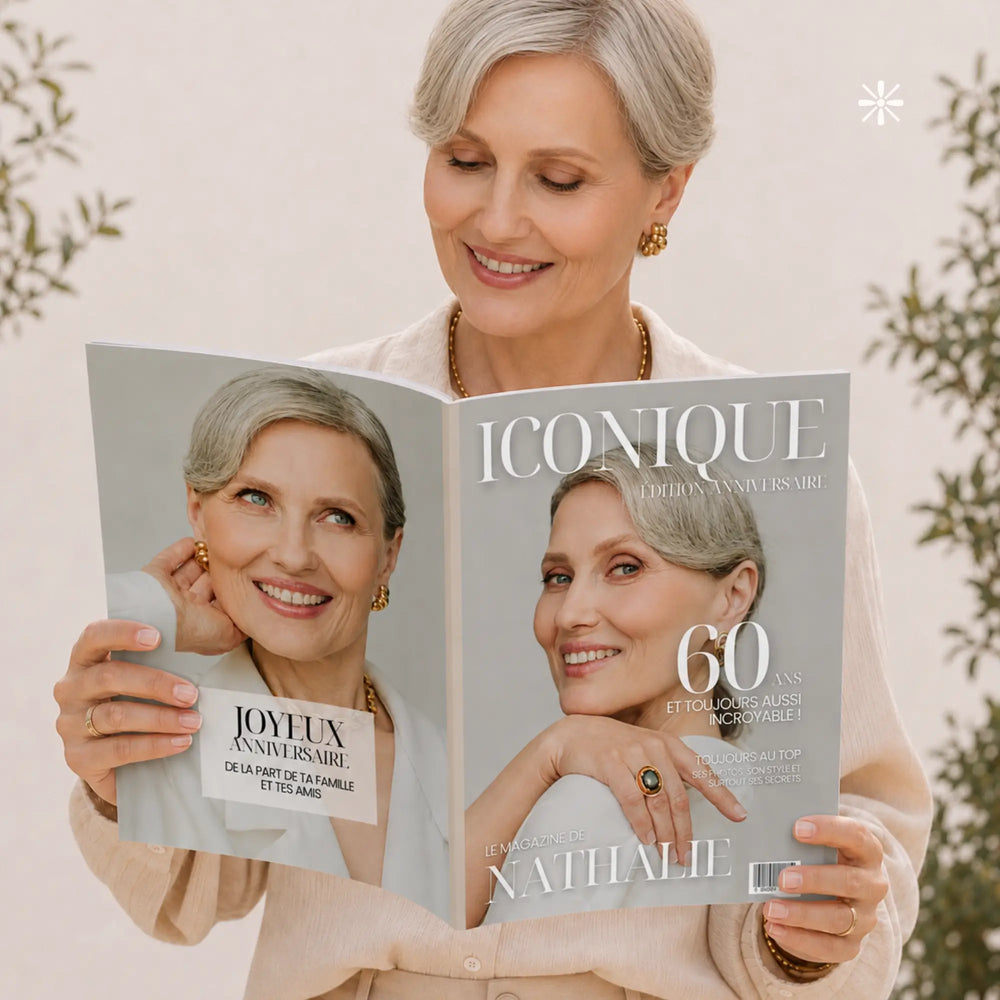 Magazine anniversaire 60 ans personnalisable ouvert, couverture Iconique au prénom Nathalie