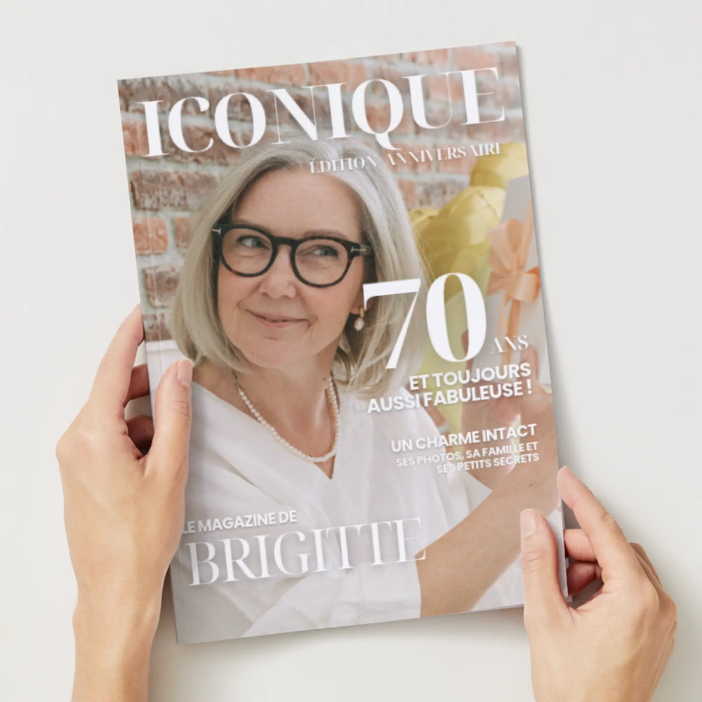 Magazine anniversaire 70 ans personnalisable, couverture Iconique tenue à deux mains