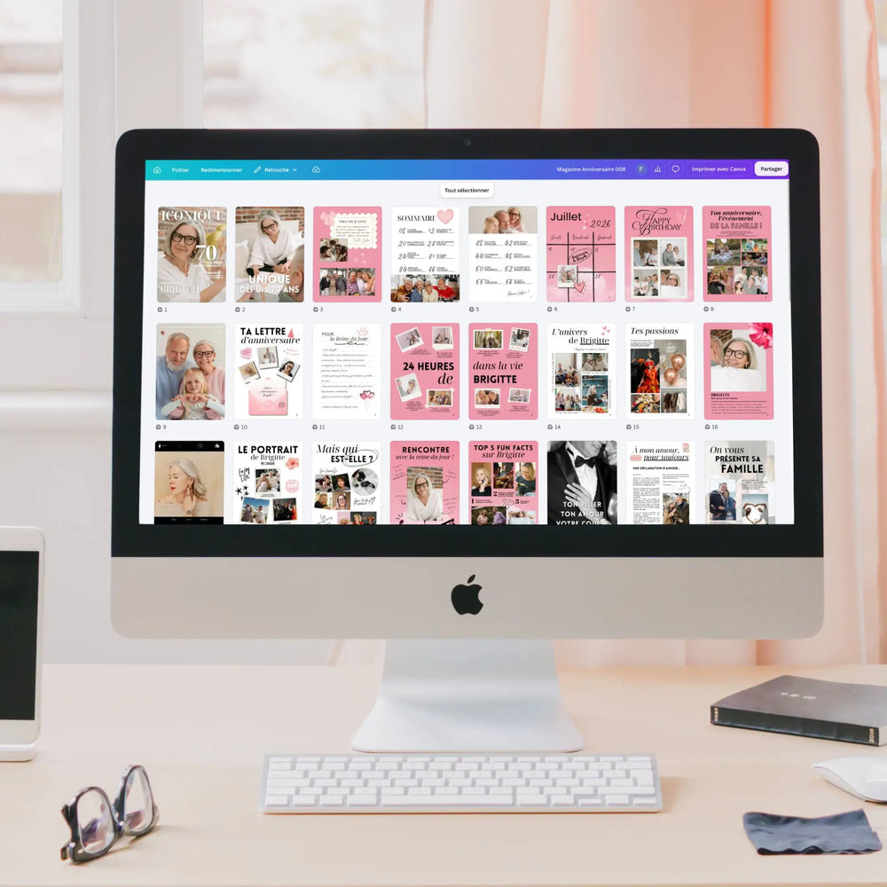 Les 60 pages du magazine anniversaire 70 ans ouvertes dans Canva sur un ordinateur