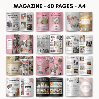Pages du magazine anniversaire 70 ans personnalisable : famille, recette, playlist et messages