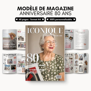 Magazine anniversaire 80 ans, modèle de 60 pages A4 entièrement personnalisable