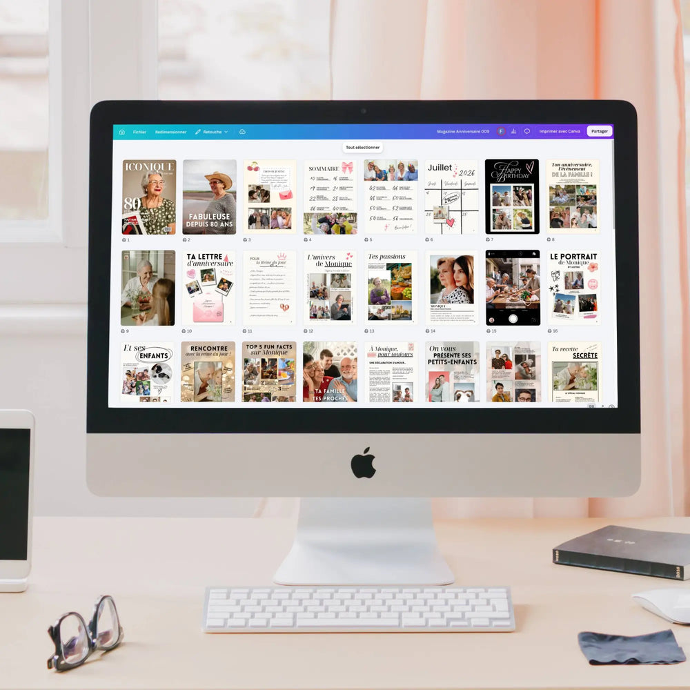 Magazine anniversaire 80 ans personnalisable, toutes ses pages affichées dans Canva