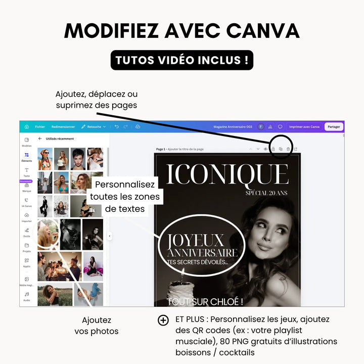 Ce qui est personnalisable avec Canva pour son magazine anniversaire personnalisé 20 ans.