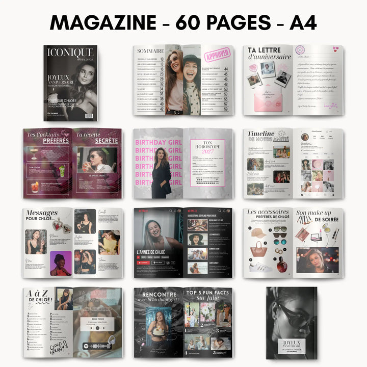 Présentation des pages du modèle de magazine anniversaire femme 20 ans.