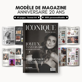 Présentation du cadeau personnalisé 20 ans pour femme unique au format magazine.