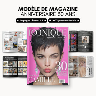 Présentation du cadeau personnalisé 30 ans pour femme unique au format magazine.