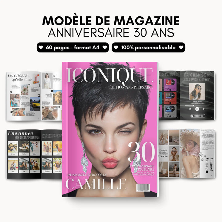 Présentation du cadeau personnalisé 30 ans pour femme unique au format magazine.
