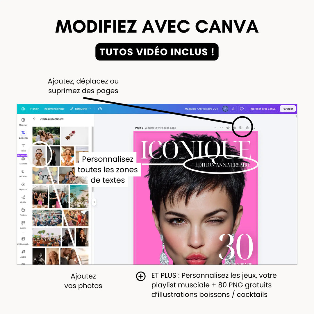 Ce qui est personnalisable avec Canva pour son magazine anniversaire personnalisé 30 ans.