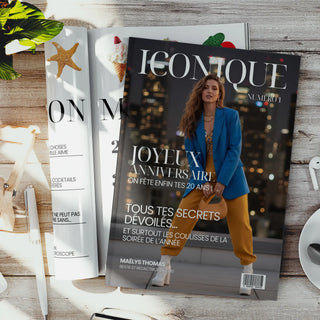 Photo d'un magazine , couverture et intérieur, pour l'anniversaire 20 ans. C'est un cadeau personnalisé.