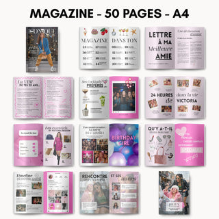 Exemples de pages du magazine bestie personnalisé, un cadeau d'anniversaire unique pour sa meilleure amie.