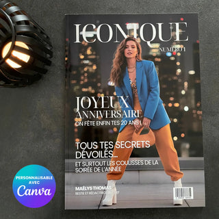 Belle photo d'un magazine pour les 20 ans d'une jeune femme, c'est un magazine personnalisé grâce à un modèle canva.