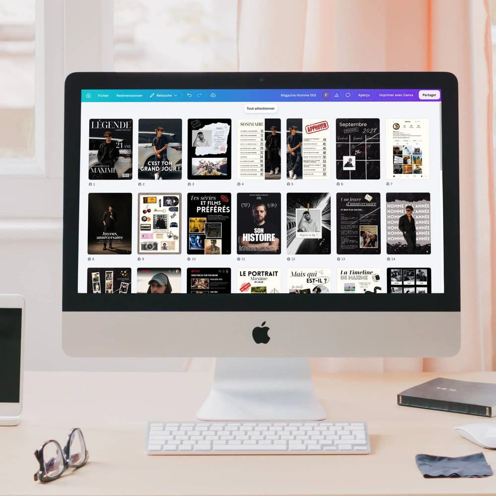 Ecran d'ordinateur sur Canva avec les pages du magazine anniversaire homme.