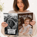 Photo d'un magazine de baptême personnalisé que des parents on fait pour leur bébé avec un modèle Canva. 