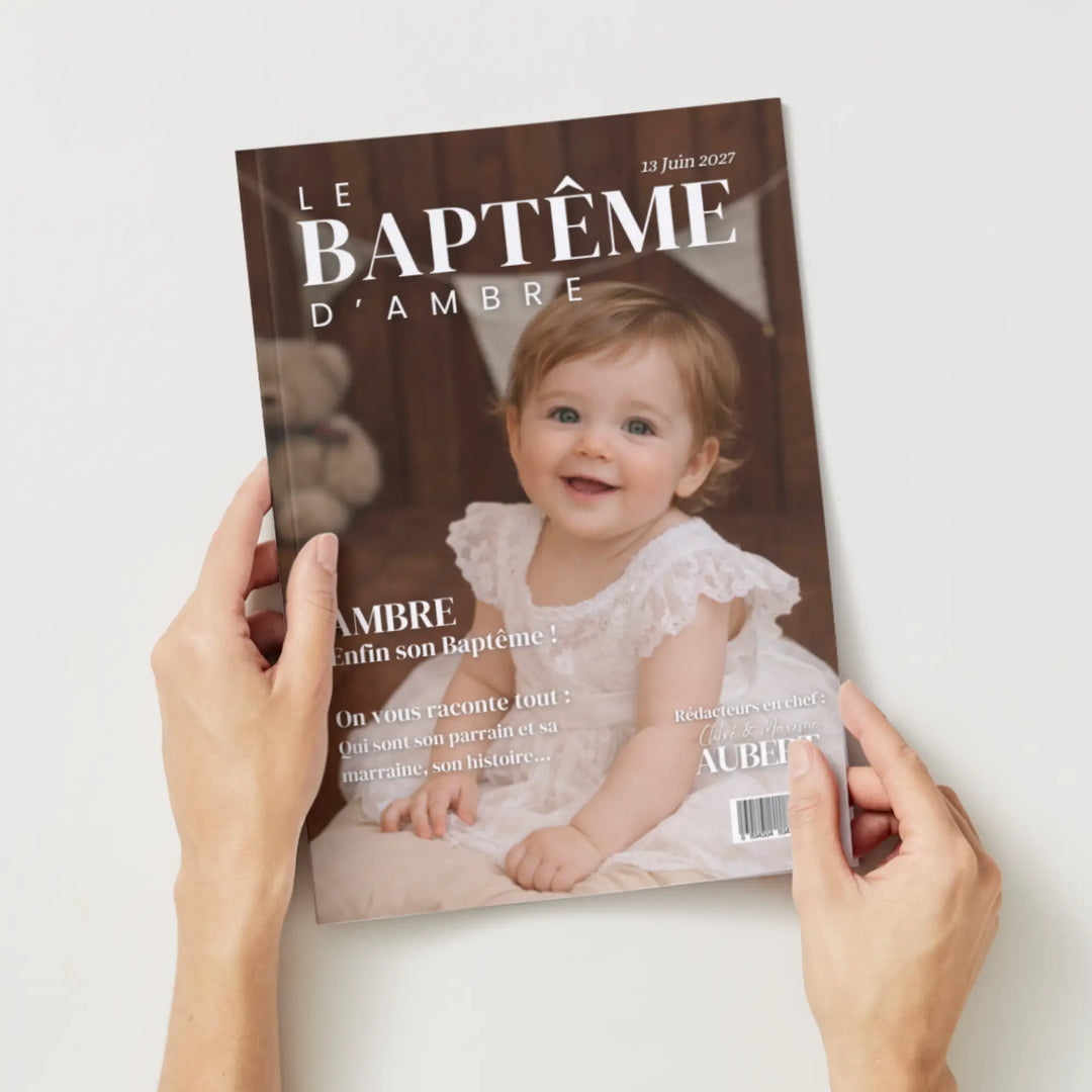 Magazine baptême personnalisable dans les mains en format A4, modèle canva facile à modifier.