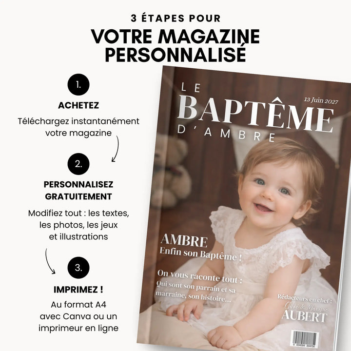 Explication comment acheter et personnaliser simplement son modèle de magazine baptême.