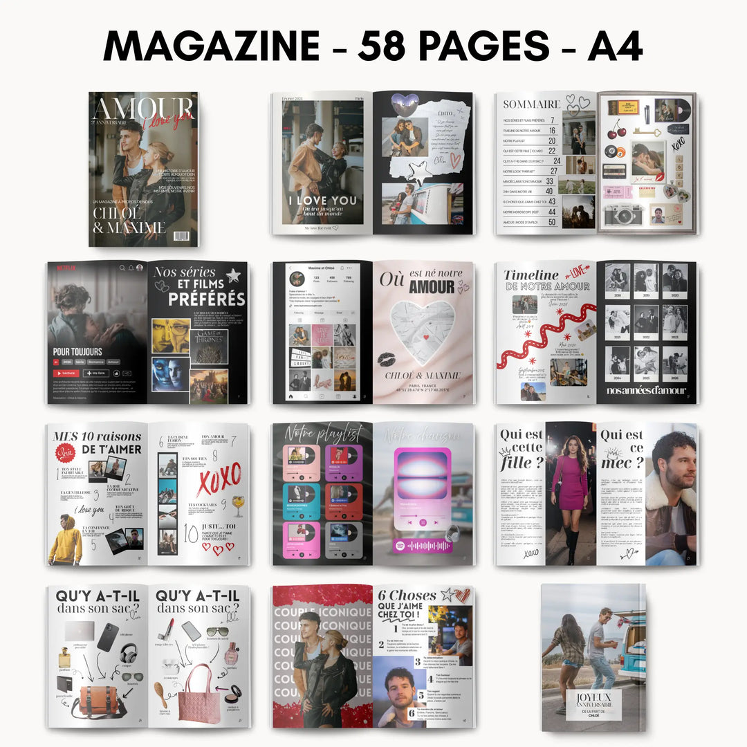 Aperçu des pages du cadeau pour lui personnalisé. Pages de magazines au format A4 totalement personnalisale.