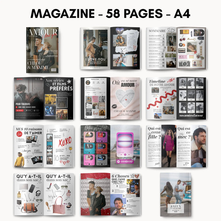 Aperçu des pages du cadeau pour lui personnalisé. Pages de magazines au format A4 totalement personnalisale.