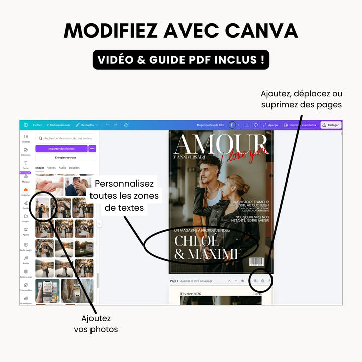 Explications des modifications possibles dans Canva pour personnaliser le maazine.