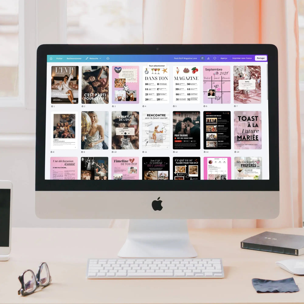 Vue écran d'ordinateur sur canva avec les pages magazine evjf personnalisé.