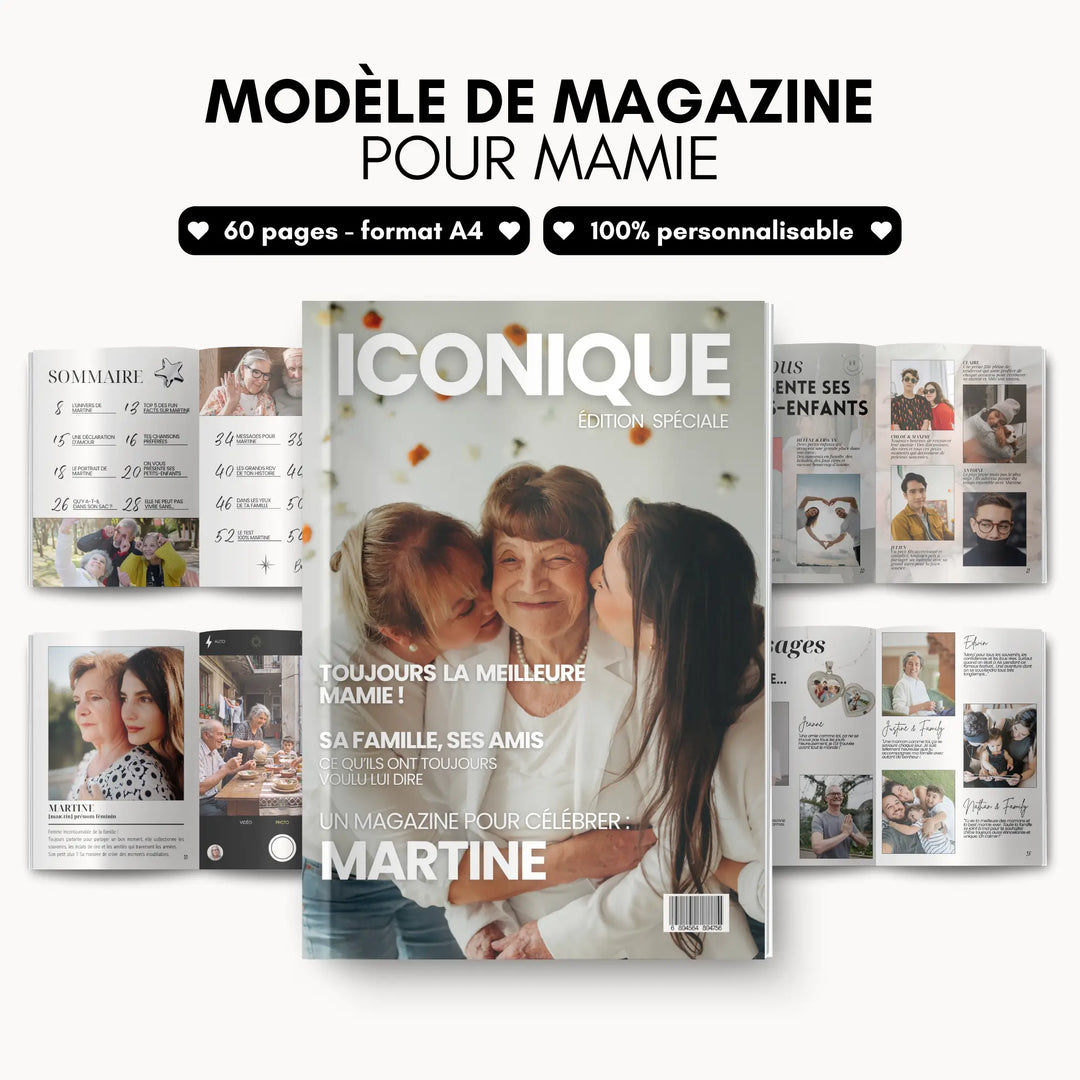 Magazine personnalisé mamie, modèle de 60 pages A4 entièrement personnalisable