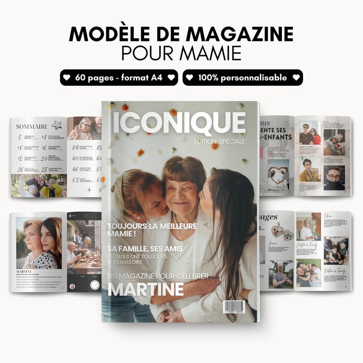 Magazine personnalisé mamie, modèle de 60 pages A4 entièrement personnalisable