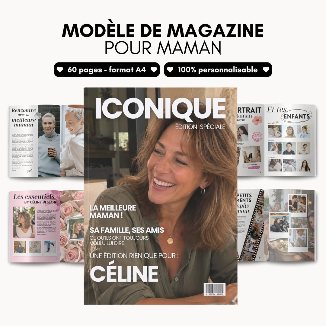 Idée cadeau maman : modèle de magazine de 60 pages A4 entièrement personnalisable