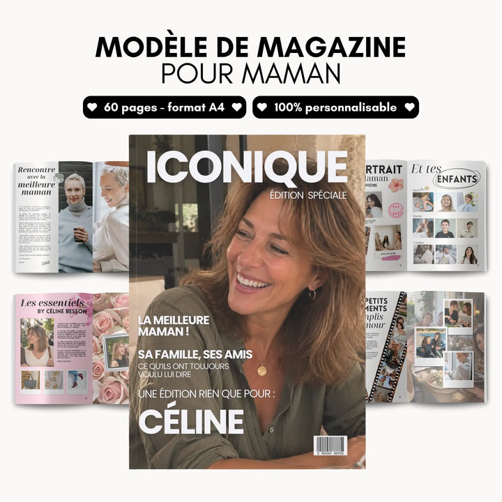 Idée cadeau maman : modèle de magazine de 60 pages A4 entièrement personnalisable