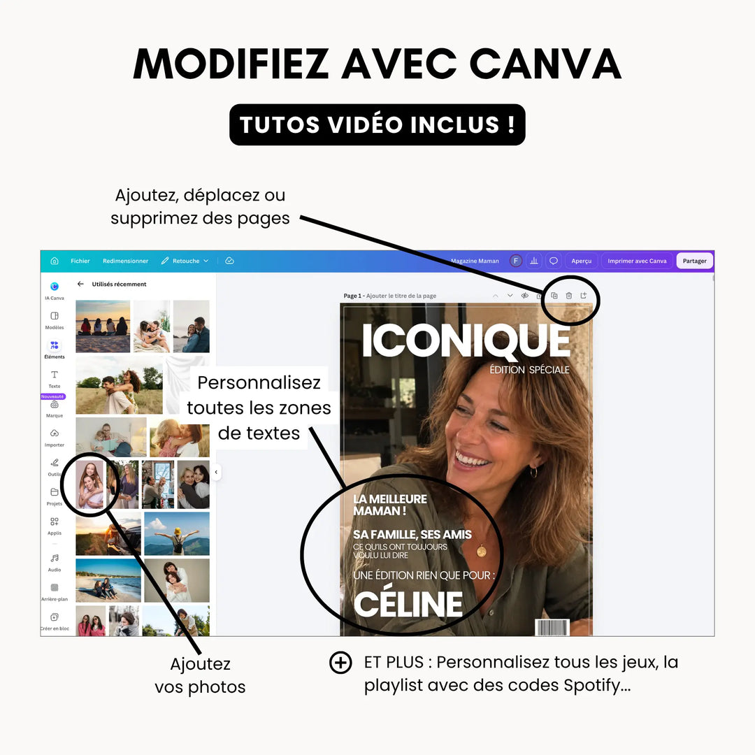 Personnaliser le magazine maman dans Canva : photos, textes et jeux, tutos vidéo inclus