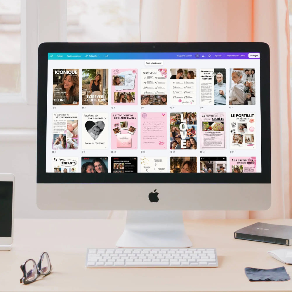 Idée cadeau maman à personnaliser, les 60 pages du magazine ouvertes dans Canva