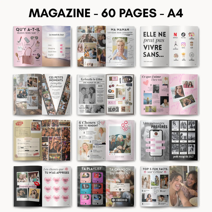 Pages du magazine personnalisé maman : ses messages préférés, sa playlist et ses secrets