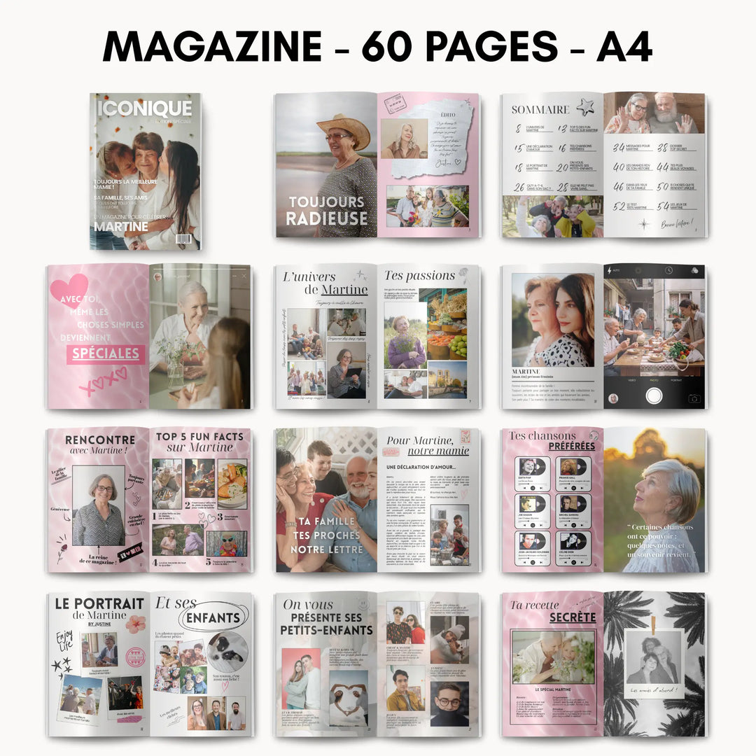 Magazine personnalisé mamie : sommaire, portrait, chansons préférées et petits-enfants
