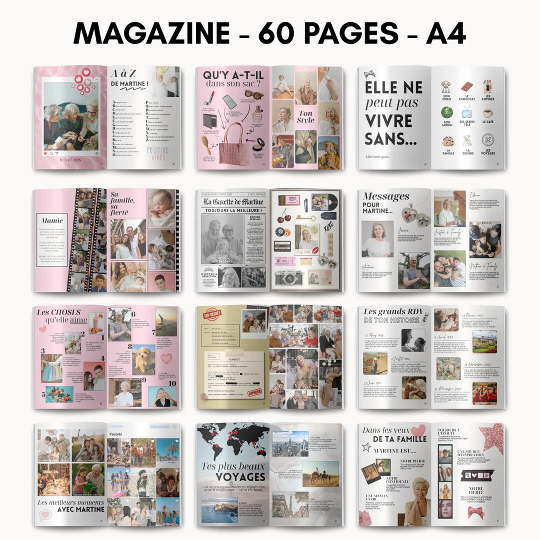 Idée cadeau mamie : pages du magazine avec messages, souvenirs et grands rendez-vous