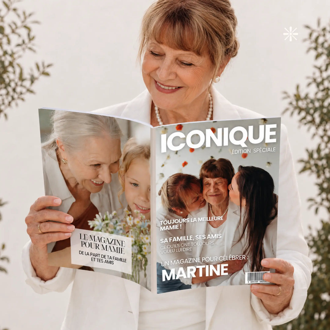 Magazine personnalisé mamie ouvert par une grand-mère, idée cadeau de noël ou fête des grand-mères