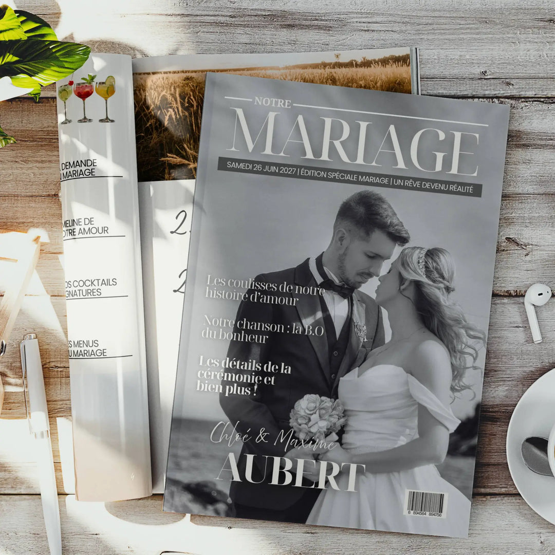 Photo du magazine mariage couverture et avec un magazine ouvert. Moderne et chic pour le mariage.