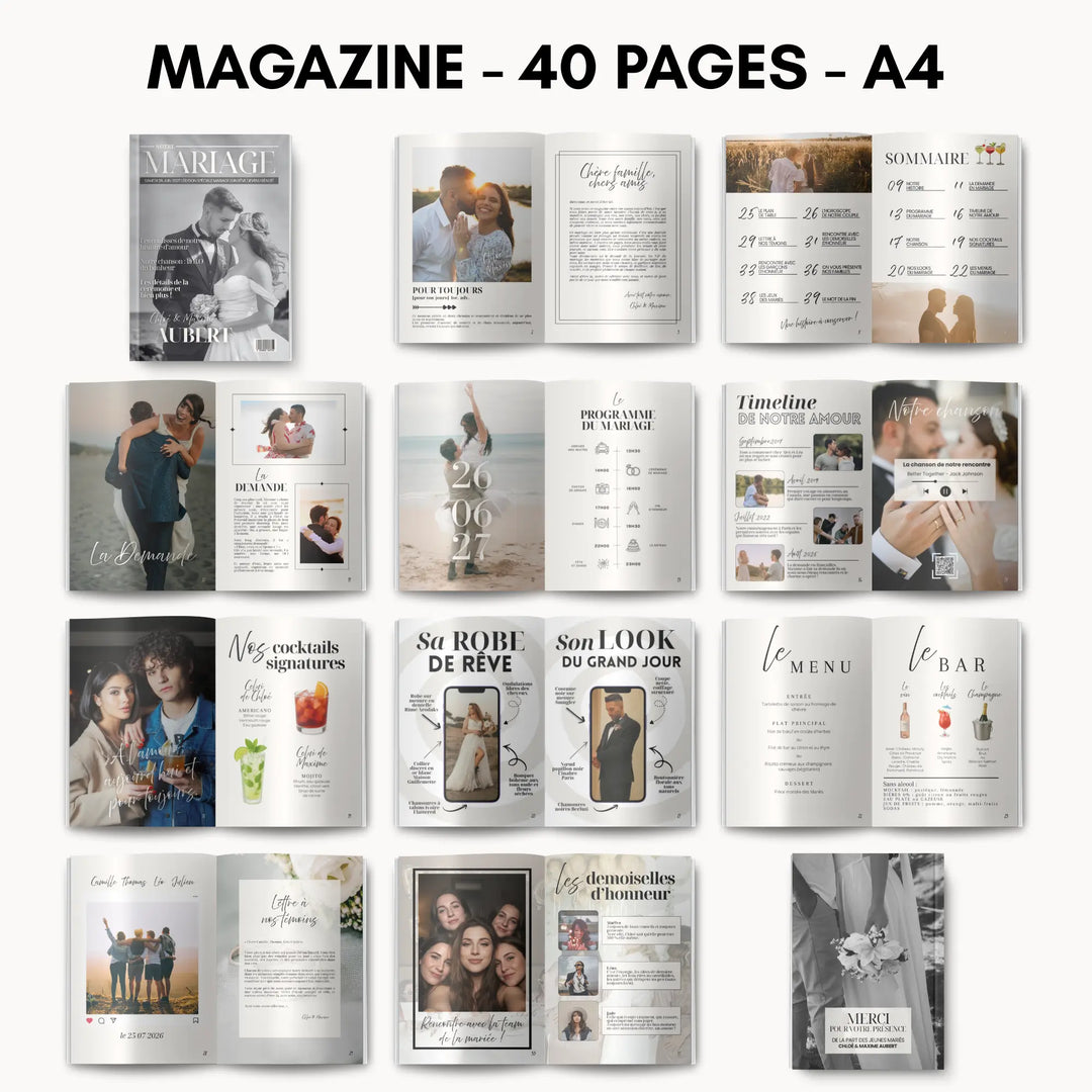 Vu des différentes pages du magazine personnalisé de mariage comme programme, menus, histoire des jeunes mariés. Cadeau couple ou cadeau invité mariage.