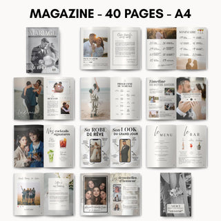Vue des différentes pages du magazine personnalisé de mariage comme programme, menus, histoire des jeunes mariés. Cadeau couple ou cadeau invité mariage.