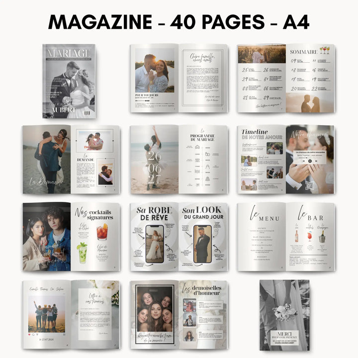 Vu des différentes pages du magazine personnalisé de mariage comme programme, menus, histoire des jeunes mariés. Cadeau couple ou cadeau invité mariage.