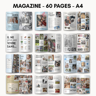 Pages du magazine papy : recette secrète, A à Z, accessoires, sa passion, gazette de papy, messages et moments marquants