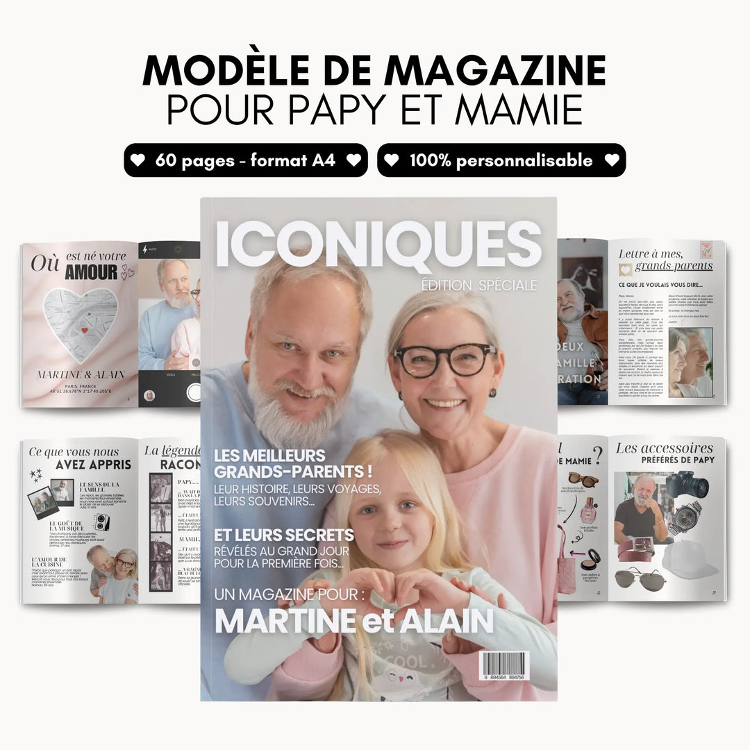 Modèle de magazine personnalisé pour papy et mamie, 60 pages A4 entièrement personnalisables, couverture et pages intérieures