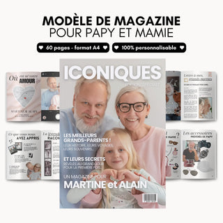 Modèle de magazine personnalisé pour papy et mamie, 60 pages A4 entièrement personnalisables, couverture et pages intérieures