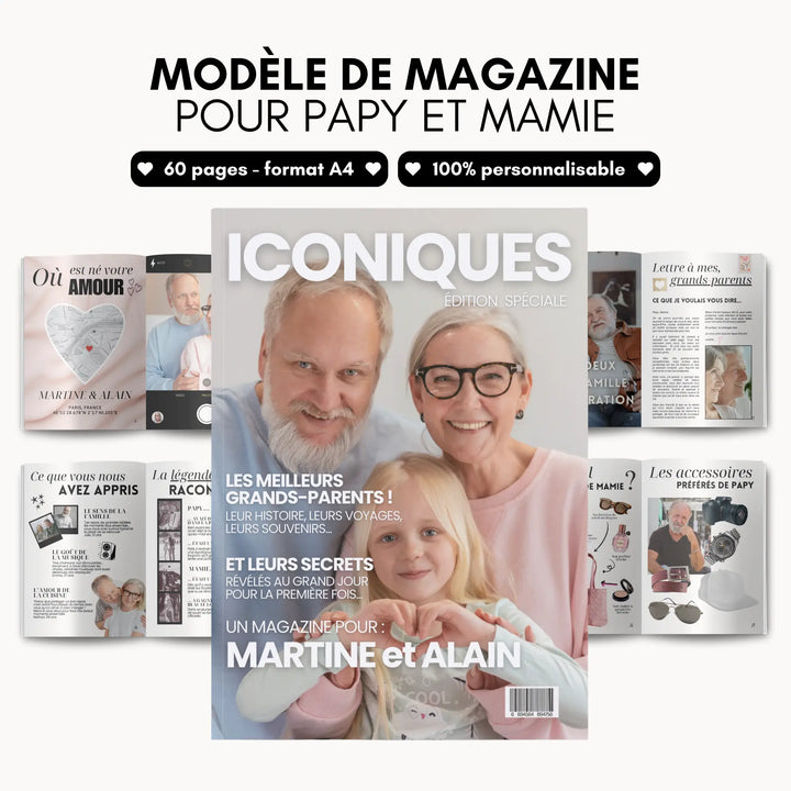 Modèle de magazine personnalisé pour papy et mamie, 60 pages A4 entièrement personnalisables, couverture et pages intérieures