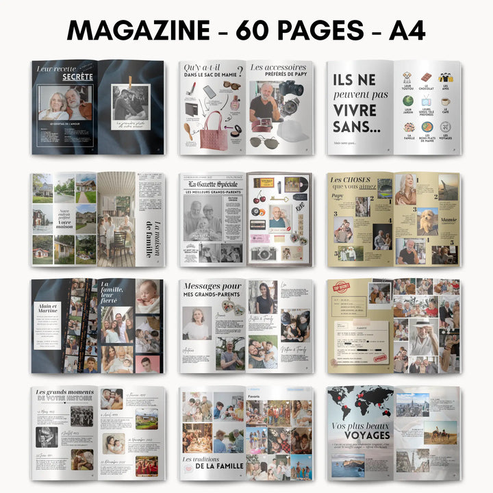 Pages du magazine personnalisé grands-parents : leurs secrets, la gazette de famille, messages des petits-enfants, plus beaux voyages