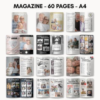Pages intérieures du magazine papy et mamie : édito, sommaire, leur rencontre, lettre à mes grands-parents, portrait des enfants