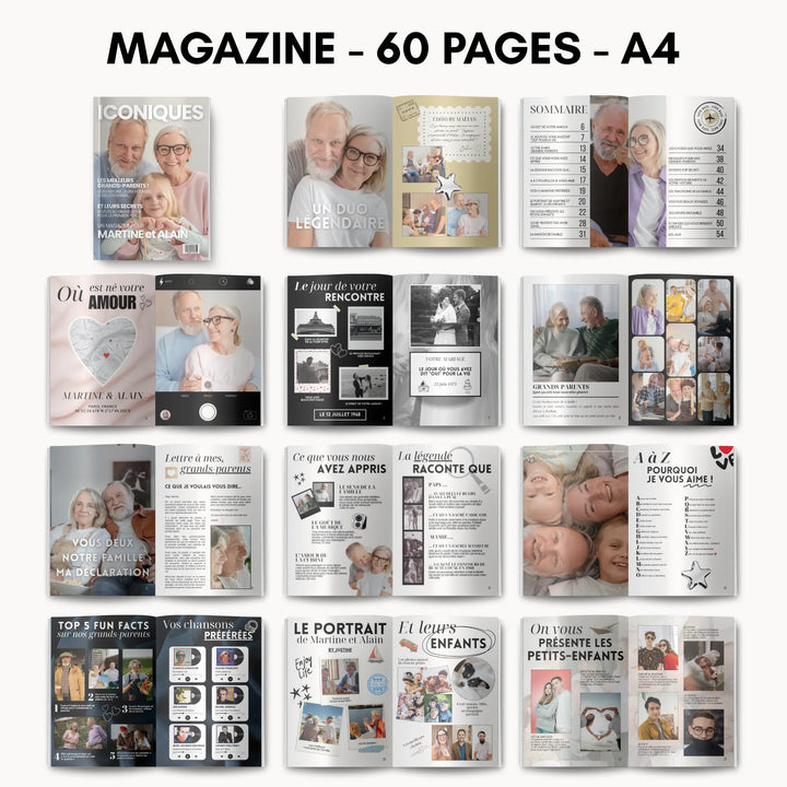 Pages intérieures du magazine papy et mamie : édito, sommaire, leur rencontre, lettre à mes grands-parents, portrait des enfants