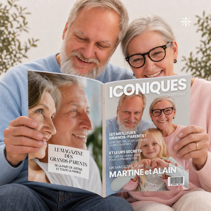 Magazine personnalisé grands-parents lu par papy et mamie, leur photo à deux en couverture, idée cadeau de Noël